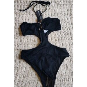 PLT Black Ring Detail Bandeau Cut Out Swimsuit Size 2 NWT Pretty Little Thing